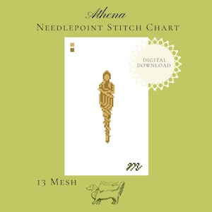 May include: A digital needlepoint stitch chart titled Athena on a light green background. The chart features a pixelated tan and brown figure, a color key, the text 13 MESH, a digital download badge, and a small line drawing of a dachshund.