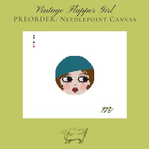 May include: A needlepoint canvas featuring a pixelated illustration of a person with brown hair wearing a teal cloche hat, red lips, and large eyes. The text reads Vintage Flapper Girl PREORDER: NEEDLEPOINT CANVAS with a small dog icon below.
