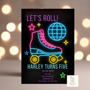 Editable Let&#39;s Roll Roller Skate Birthday Party Invitation, Retro Birthday Invitation ,Neon Birthday Invitation,Skate Party Invite
