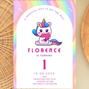 Unicorn Birthday Invitation Magical Party Invite Girl Pink Pastel First Digital Unicorn Party Template Rainbow Download EDITABLE