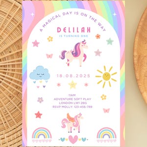 Unicorn Birthday Invitation Magical Party Invite Girl Pink Pastel First Digital Unicorn Party Template Rainbow Download EDITABLE