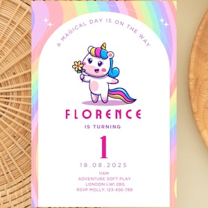 Unicorn Birthday Invitation Magical Party Invite Girl Pink Pastel First Digital Unicorn Party Template Rainbow Download EDITABLE