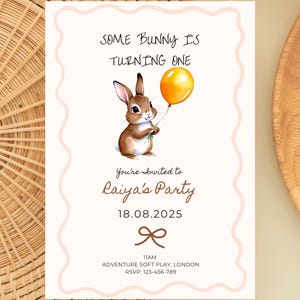 First Birthday Invitation, Bunny Birthday Invitation Some bunny is turning one Birthday invitation Pink Spring Rabbit Birthday Invitation