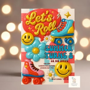 Editable Let&#39;s Roll Roller Skate Birthday Party Invitation, Groovy Birthday Invitation,Daisy Birthday Invite,Retro Roller,Skate Party Invite