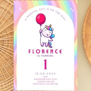 Unicorn Birthday Invitation Magical Party Invite Girl Pink Pastel First Digital Unicorn Party Template Rainbow Download