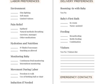 Birth Plan - Simple 4 page printable birth planner