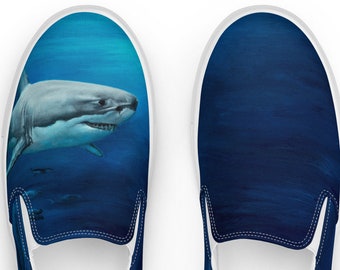 Shark Slip On's, Men’s slip-on Canvas Shoes, Shark Shoes, Beach Shoes, Surfer Gift, Beach Gift, Men's Gift, Trendy Shoes, Original Art Shoes