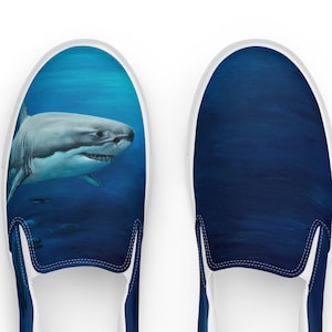 Shark Slip On&#39;s, Men’s slip-on Canvas Shoes, Shark Shoes, Beach Shoes, Surfer Gift, Beach Gift, Men&#39;s Gift, Trendy Shoes, Original Art Shoes
