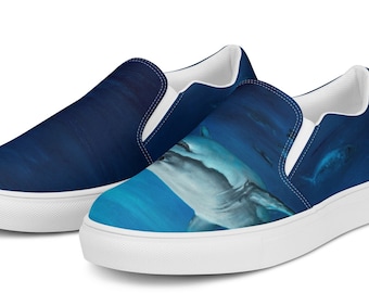 Shark Women’s Slip-on Canvas Shoes, Beach Shoes, Surfer Shoes, Beach Gifts, Shark Week Shoes, Shark Art, Unique Shoes, Original Art Shoes