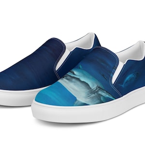Shark Women’s Slip-on Canvas Shoes, Beach Shoes, Surfer Shoes, Beach Gifts, Shark Week Shoes, Shark Art, Unique Shoes, Original Art Shoes