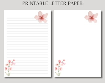 Papier à en-tête imprimable, papier à en-tête floral, papier à lettres, feuilles doublées, A4-A5, papier doublé, feuille d’écriture.
