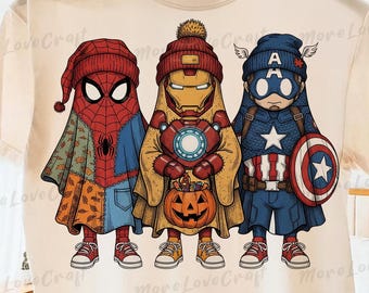 Patchwork Superhero Ghosts PNG: Retro Halloween Shirt Design (Digital Download PNG)