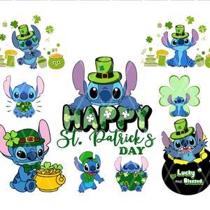 Pode incluir: Clipart digital com tema do Dia de São Patrício com um personagem azul Stitch usando um chapéu verde e segurando um pote de ouro. O texto "Happy St. Patrick's Day" está escrito em letras verdes com trevos.