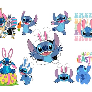 Könnte beinhalten: Ein Set mit neun digitalen Clipart-Bildern, die Stitch aus Lilo & Stitch zeigen, der in Osterhasenkostümen gekleidet ist. Die Bilder zeigen Stitch, der ein Osterei hält, Stitch, der aus einem Loch schaut, Stitch, der auf einem Osterei sitzt, und Stitch, der eine Karotte hält. Der Text "Frohe Ostern" und "Ostern" ist ebenfalls in den Bildern enthalten.