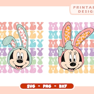 Puede incluir: Mickey Mouse y Minnie Mouse con orejas de conejo sobre un fondo retro arcoíris. El texto "Mickey" y "Minnie" se repite en una fuente retro.