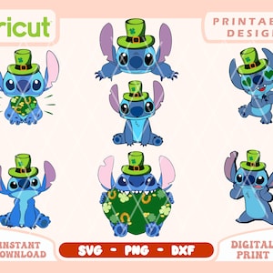 Pode incluir: Seis designs digitais diferentes com um personagem azul Stitch usando um chapéu de trevo verde. Os designs incluem Stitch segurando um coração com trevos, Stitch com os braços cruzados, Stitch segurando um pote de ouro, Stitch com as mãos nos quadris, Stitch com a boca aberta e Stitch com os braços cruzados.