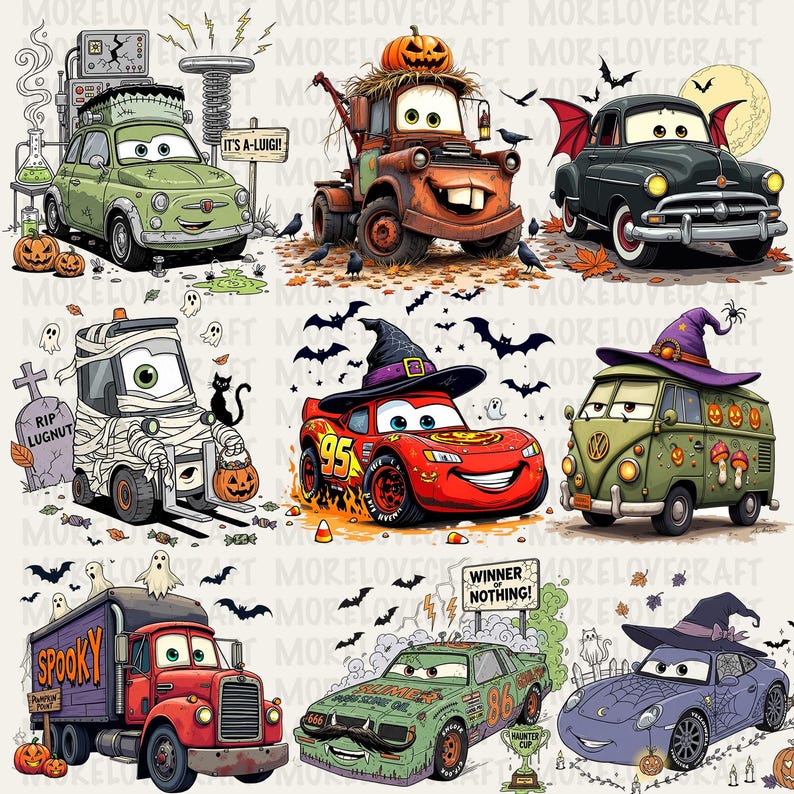 Puede incluir: Una colecci&oacute;n de ilustraciones de coches con tem&aacute;tica de Halloween. Los coches est&aacute;n representados con varios disfraces, como una momia, una bruja y una calabaza. La paleta de colores incluye naranja, verde, negro y morado. El texto "SPOOKY" es visible en un cami&oacute;n.