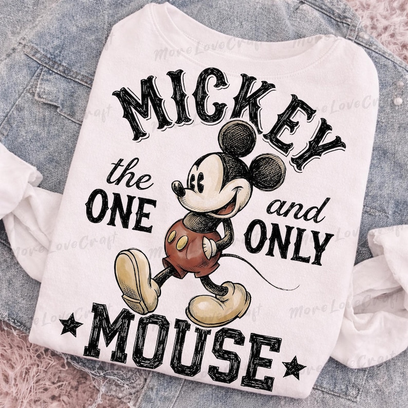 May include: White sweatshirt featuring a graphic of Mickey Mouse with the text "MICKEY the ONE and ONLY MOUSE". The cartoon character is in a walking pose, wearing red shorts and yellow shoes. The text is in a bold, black font.