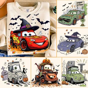 May include: A cream-colored sweatshirt featuring a Halloween-themed design with a red race car wearing a witch hat. The design includes bats, ghosts, and candy corn. The number 95 is visible on the car.