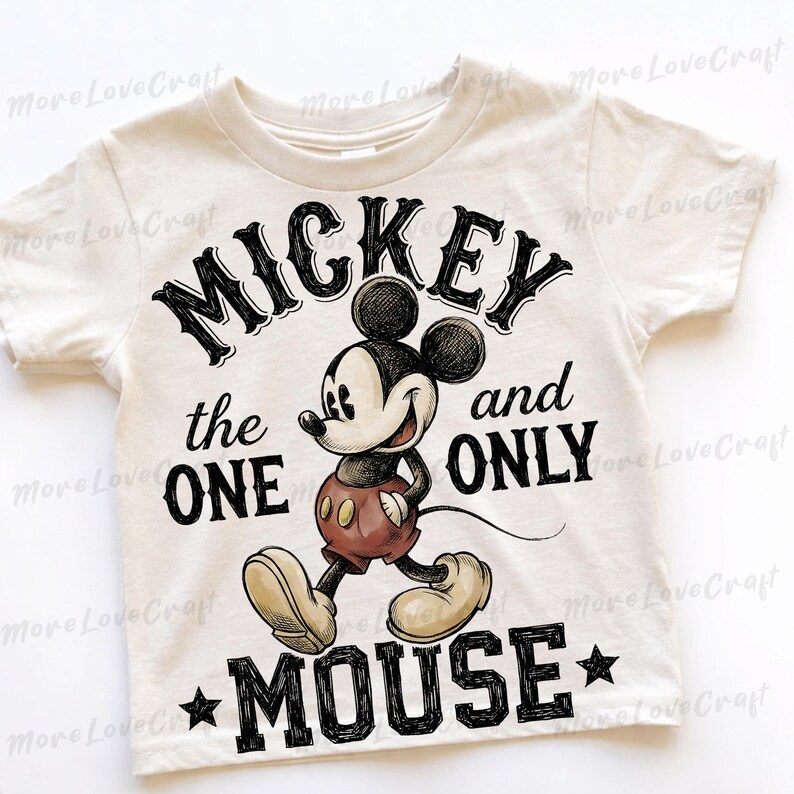 May include: Off-white toddler t-shirt featuring a graphic of Mickey Mouse walking with the text "MICKEY the ONE and ONLY MOUSE". The cartoon character is in black, red, and tan colors.