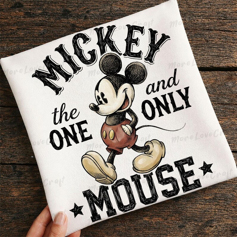 May include: White t-shirt featuring a cartoon illustration of Mickey Mouse in his classic attire. The text reads "MICKEY the ONE and ONLY MOUSE" in a playful font. The design includes black stars and is set against a wooden background.
