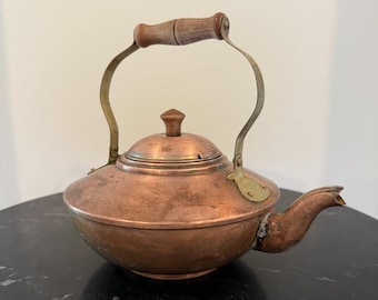 Vintage Copper Tea Kettle | Brass Handle Wood Knob | Farmhouse Kitchen Decor | Rustic Stovetop Kettle