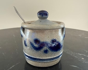 Vintage Studio Pottery Salt Cellar with Lid & Spoon | Handmade Stoneware Salt Keeper | Blue Glaze Rustic Kitchen Decor