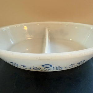 Vintage Pyrex Milkglass Blue Flowers Oval Divided Casserole Dish