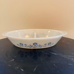 Vintage Pyrex Milkglass Blue Flowers Oval Divided Casserole Dish