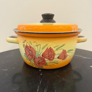 Vintage Soviet Enamel Floral Stock Pot with Lid | Cottagecore Kitchen Decor | Retro Cookware | Fall Farmhouse Style