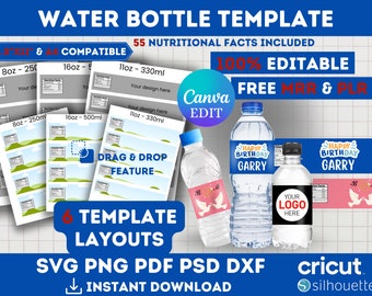 8-16 oz / 220ml-500 ml Water Bottle Label Template DIY Label Template Water Bottle Sticker Party Favors Canva Editable Birthday Gifts