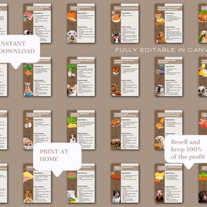 May include: A set of 12 printable dog treat recipe cards with brown backgrounds and colorful illustrations of ingredients and dogs. The cards feature recipes for pumpkin and banana treats, peanut butter and banana biscuits, chicken and carrot treats, coconut and spinach treats, salmon and sweet potato bites, coconut and almond treats, turkey and cranberry treats, peanut butter and banana pupcakes, apple and bacon dog treats, beef and broccoli treats, beef and banana treats, and carrot and parsley treats. The cards also include the text "INSTANT DOWNLOAD", "FULLY EDITABLE IN CANVA", "PRINT AT HOME", and "Resell and keep 100% of the profit".