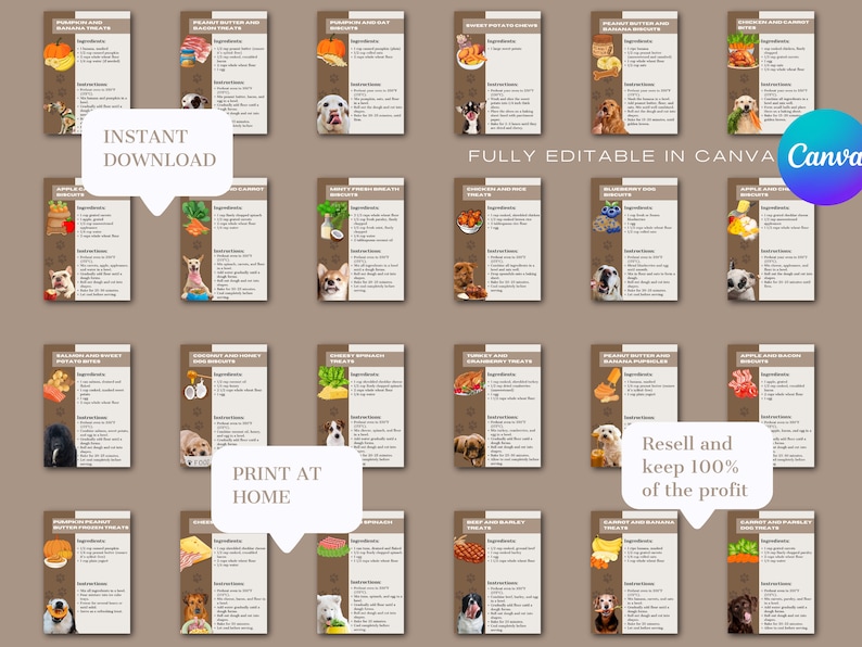 May include: A set of 12 printable dog treat recipe cards with brown backgrounds and colorful illustrations of ingredients and dogs. The cards feature recipes for pumpkin and banana treats, peanut butter and banana biscuits, chicken and carrot treats, coconut and spinach treats, salmon and sweet potato bites, coconut and almond treats, turkey and cranberry treats, peanut butter and banana pupcakes, apple and bacon dog treats, beef and broccoli treats, beef and banana treats, and carrot and parsley treats. The cards also include the text "INSTANT DOWNLOAD", "FULLY EDITABLE IN CANVA", "PRINT AT HOME", and "Resell and keep 100% of the profit".