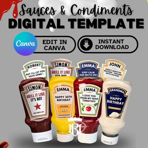 May include: A digital template for creating personalized sauce and condiment labels. The template features five different labels with various designs and text, including "Grill it like it's hot", "Happy 30th Birthday", "Keep Calm and Mayo On!" and "I Love You From My Head Tomatoes".