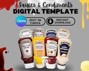 Digital Template Sauce Bundle Ketchup Mayo Mustard Barbecue BBQ Canva Template DIY Mayonnaise Personalised Name Labels Stickers