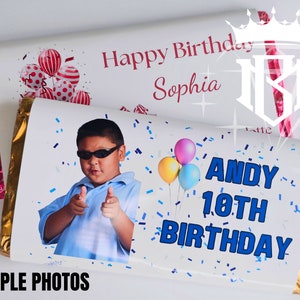 May include: Two chocolate bar wrappers with birthday themes. One says "Happy Birthday Sophia" with balloon graphics. The other says "Andy 10th Birthday" with a photo of a boy wearing sunglasses and pointing.