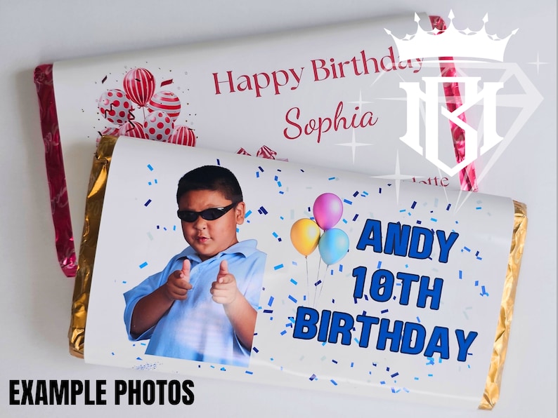 May include: Two chocolate bar wrappers with birthday themes. One says "Happy Birthday Sophia" with balloon graphics. The other says "Andy 10th Birthday" with a photo of a boy wearing sunglasses and pointing.