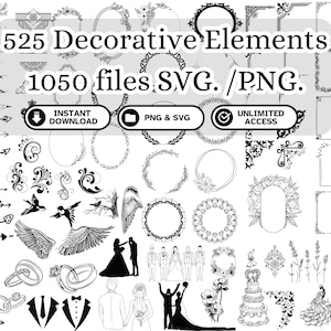 Puede incluir: Una colección de 525 elementos decorativos, que incluyen marcos, bordes, flechas, corazones y diseños florales. La imagen muestra una variedad de ilustraciones en blanco y negro, con el texto "525 Decorative Elements 1050 files SVG. /PNG." en la parte superior.