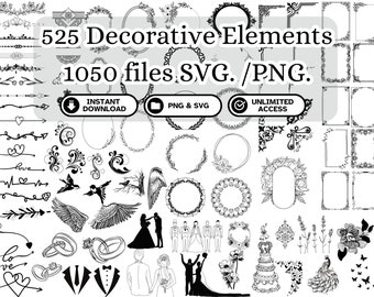 525 Decorative Elements / 1050 SVG / PNG Files Wedding Ornaments Flourishes Swirls Text Corner Lines Dividers Borders Birthday Frames