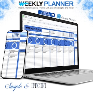 Könnte beinhalten: Eine wöchentliche Planervorlage, die auf einem Laptop und einem Smartphone angezeigt wird. Die Vorlage ist in Google Sheets gestaltet und verfügt über ein blaues und weißes Farbschema. Der Planer enthält Abschnitte für tägliche Aufgaben, Notizen und die Verfolgung des Fortschritts.