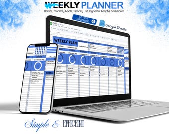 Weekly Planner Google Sheets Includes Habits Tracker Monthly Goals, Priorities, Notes Journal, Automated Date Change and Dynamic Graphs.
