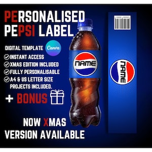 Pepsi Personalised Labels Digital Canva Template Custom Name Sticker Pepsi Max Christmas Secret Santa Birthday Party Favour Novelty DIY