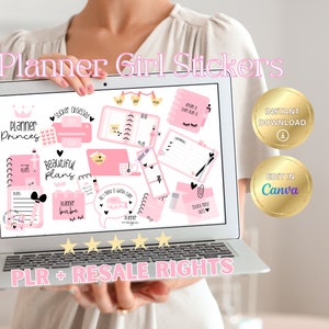 May include: A laptop screen displaying pink and black planner stickers with text such as "Planner Princess", "Beautiful Plans", and "Planner Babe". The text "Instant Download" and "Edit in Canva" are on gold circles below the laptop. The text "PLR + Resale Rights" is below the laptop.