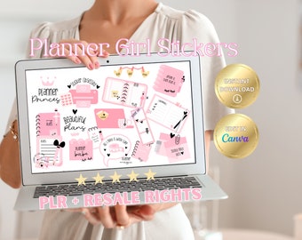 Digital Planner Girl Sticker Sheets, PLR Resell, Sticky Notes Cropped PNGs, Cute Pink Accessories, Canva Template, Goodnotes, Productivity