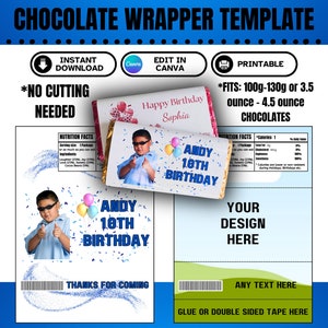 May include: Chocolate wrapper template with text that reads "Chocolate Wrapper Template", "Instant Download", "Edit in Canva", and "Printable". The wrapper is designed to fit 3.5-4.5 ounce chocolates. The design includes space for a photo and text.