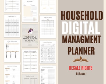 Puede incluir: Un planificador de gestión doméstica digital de 68 páginas. El planificador incluye secciones para el presupuesto familiar, renovaciones de habitaciones, planificación de vacaciones, mantenimiento interior, ideas de jardín, proyectos de bricolaje, suscripciones, presupuesto mensual y vitaminas y medicamentos. El planificador presenta una ilustración de dibujos animados de una familia.