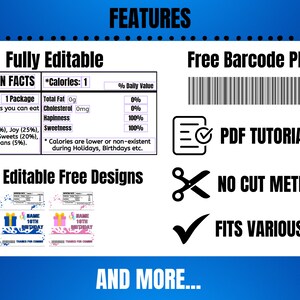 May include: A graphic with the word "FEATURES" at the top. It includes text about being fully editable, nutrition facts, free barcode PNG, PDF tutorial, no cut method, and fits various sizes. There are also two fully editable free designs.