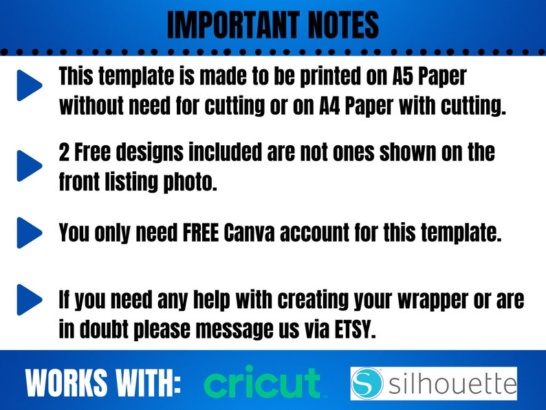 May include: A blue and white graphic with the text "IMPORTANT NOTES" at the top. The text describes printing instructions, included designs, and Canva account requirements. The bottom of the graphic says "WORKS WITH: cricut silhouette".