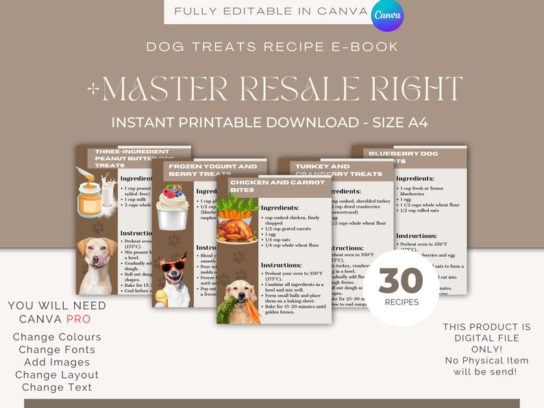 May include: A digital download for a dog treat recipe e-book with 30 recipes. The cover features a brown background with the text "Dog Treats Recipe E-Book" and "Master Resale Right". There are four recipe cards with illustrations of dogs and ingredients for each recipe. The recipes include "Three-Ingredient Peanut Butter Treats", "Frozen Yogurt and Berry Treats", "Chicken and Carrot Bites", and "Blueberry Dog Treats".