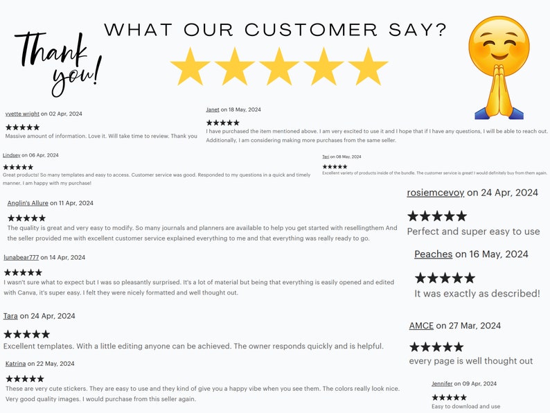 May include: A collage of customer reviews for a digital product. The reviews are all positive and include five-star ratings. The reviews highlight the ease of use, quality, and value of the product. The text "What Our Customer Say?" is at the top of the image. The text "Thank you!" is at the top left of the image. A smiling emoji with hands clasped in prayer is at the top right of the image.